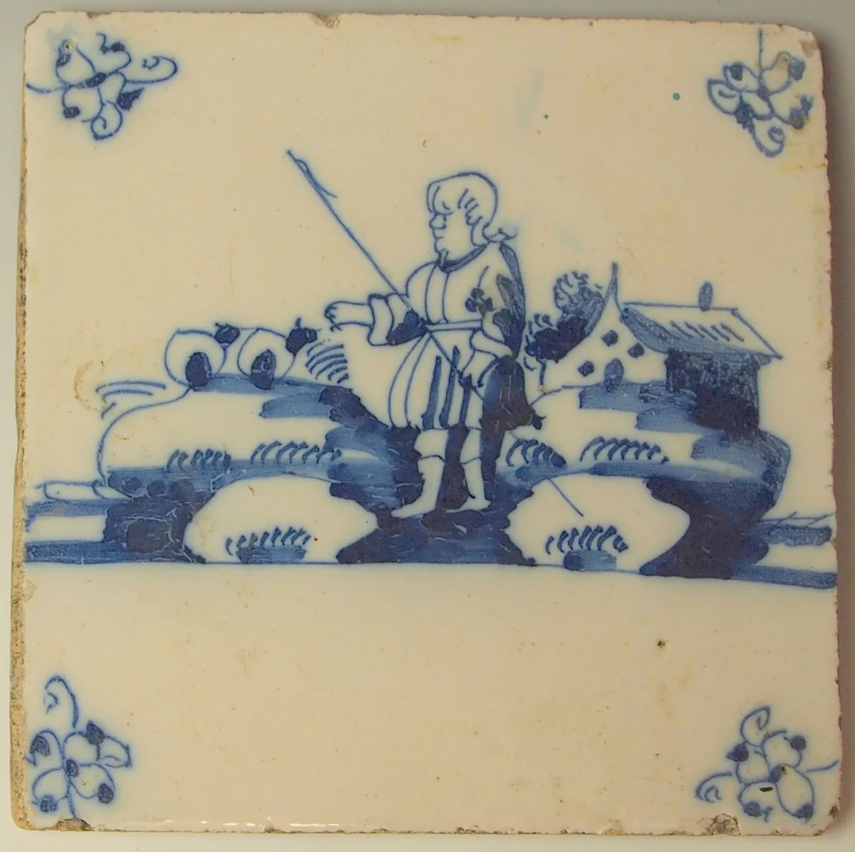 Alte Delfter Blau Fliese mit Hirtenmotiv und Eckornamenten